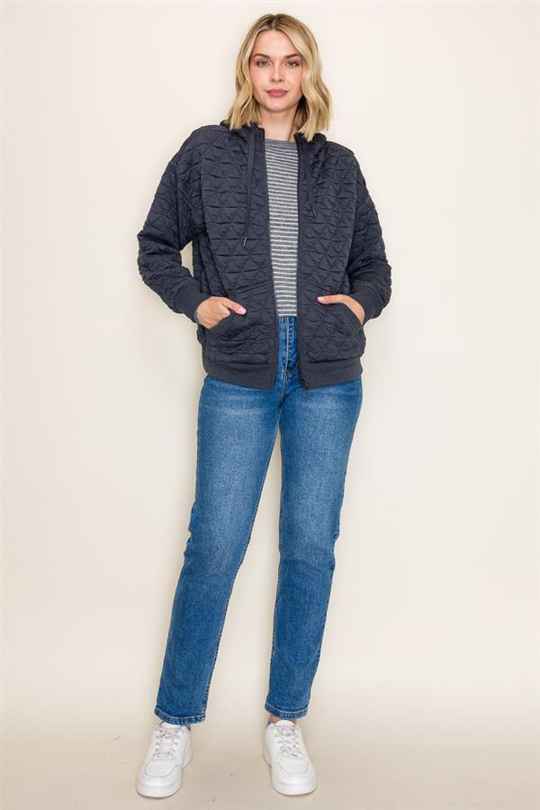 Quilted Knit Zip-Up Hoodie Jacket with Pockets