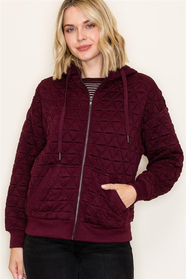 Quilted Knit Zip-Up Hoodie Jacket with Pockets