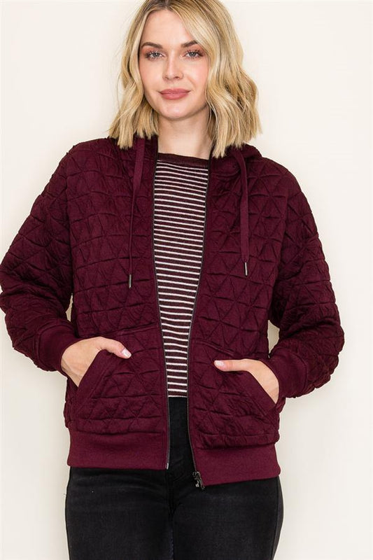 Quilted Knit Zip-Up Hoodie Jacket with Pockets