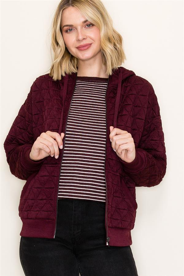 Quilted Knit Zip-Up Hoodie Jacket with Pockets