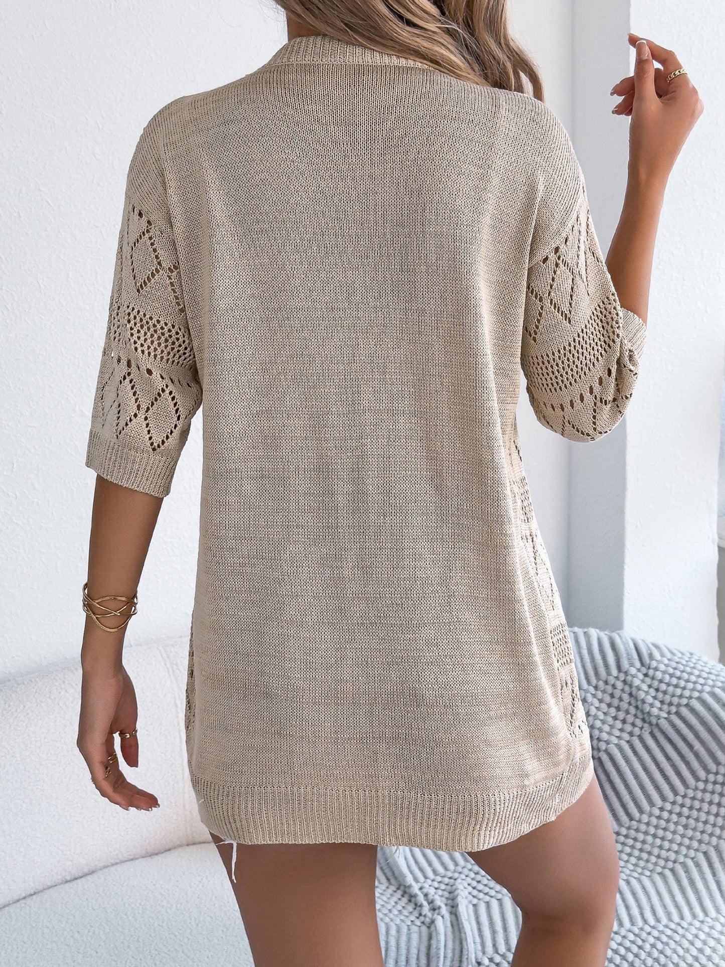 Solid Color Hollow Out Mid Sleeve Knitted Top