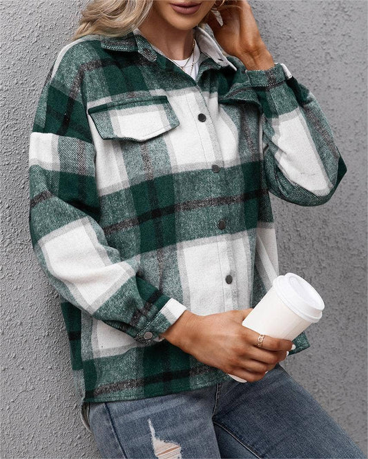 Padded plaid shacket loose plush jacket