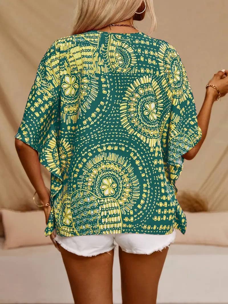 V-neck printed resort-style bat sleeved top