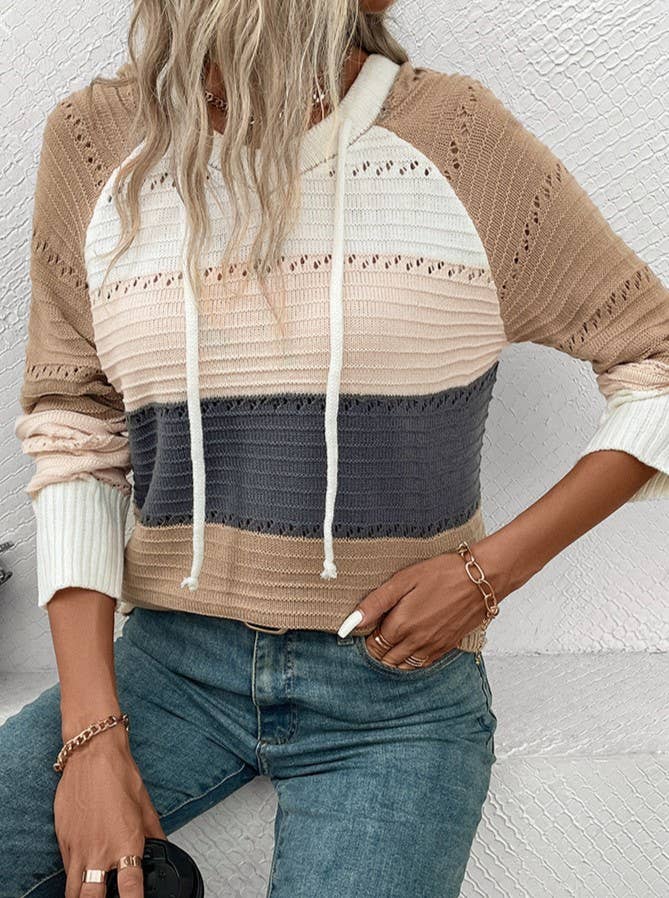 V-Neck Hooded Color-Block Knitted Long-Sleeved Sweater