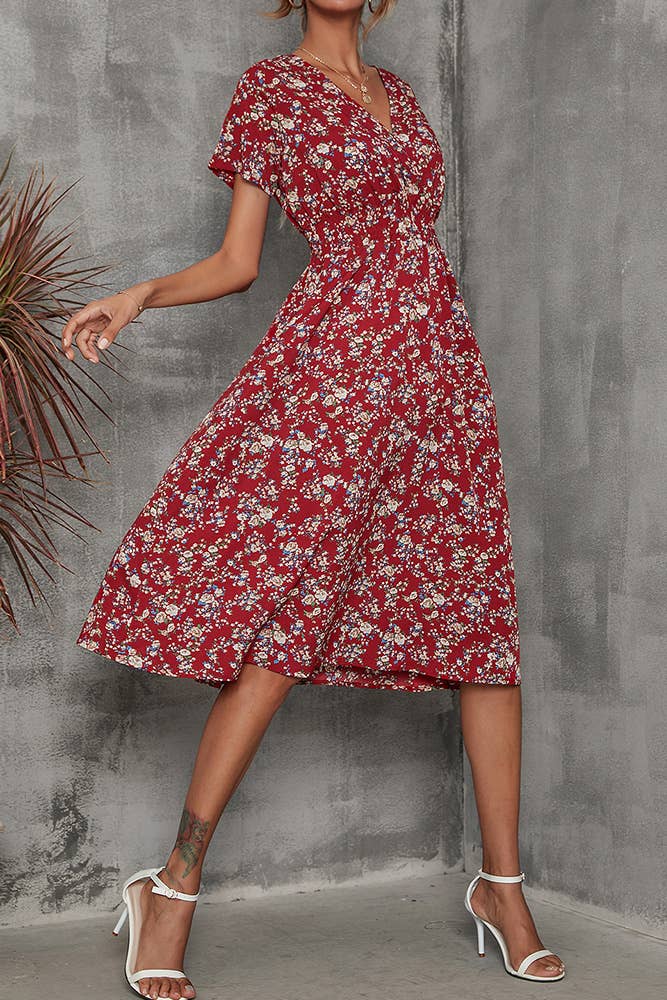 V Neck Smocked Waist Midi Floral Dress (Red Floral)