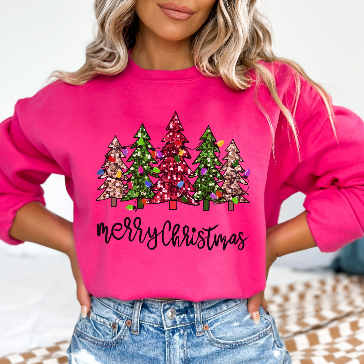 Merry Christmas Sweatshirt with Sparkling trees