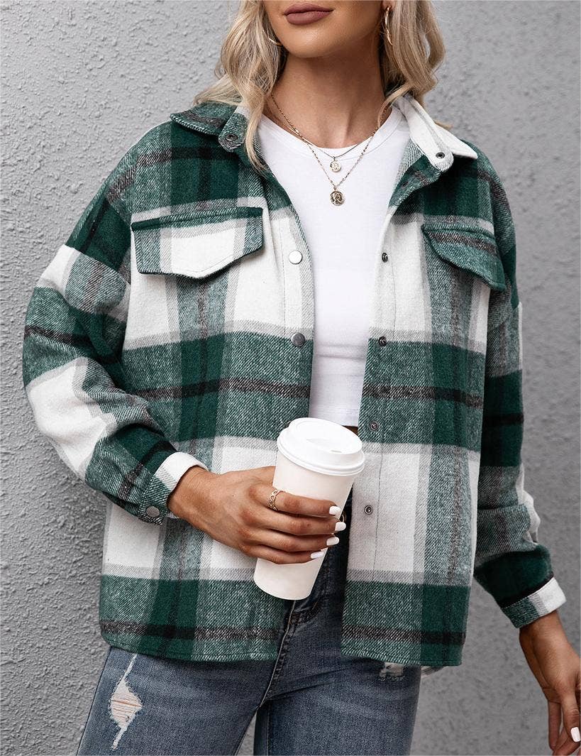 Padded plaid shacket loose plush jacket