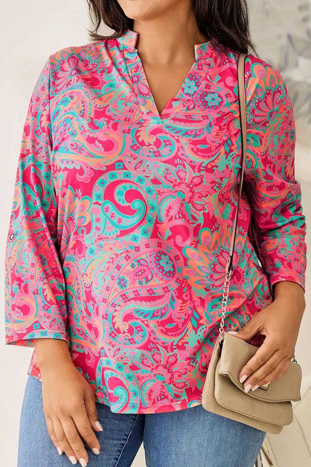 Paisley Print V Neck Roll Tab Sleeve Blouse Plus Size