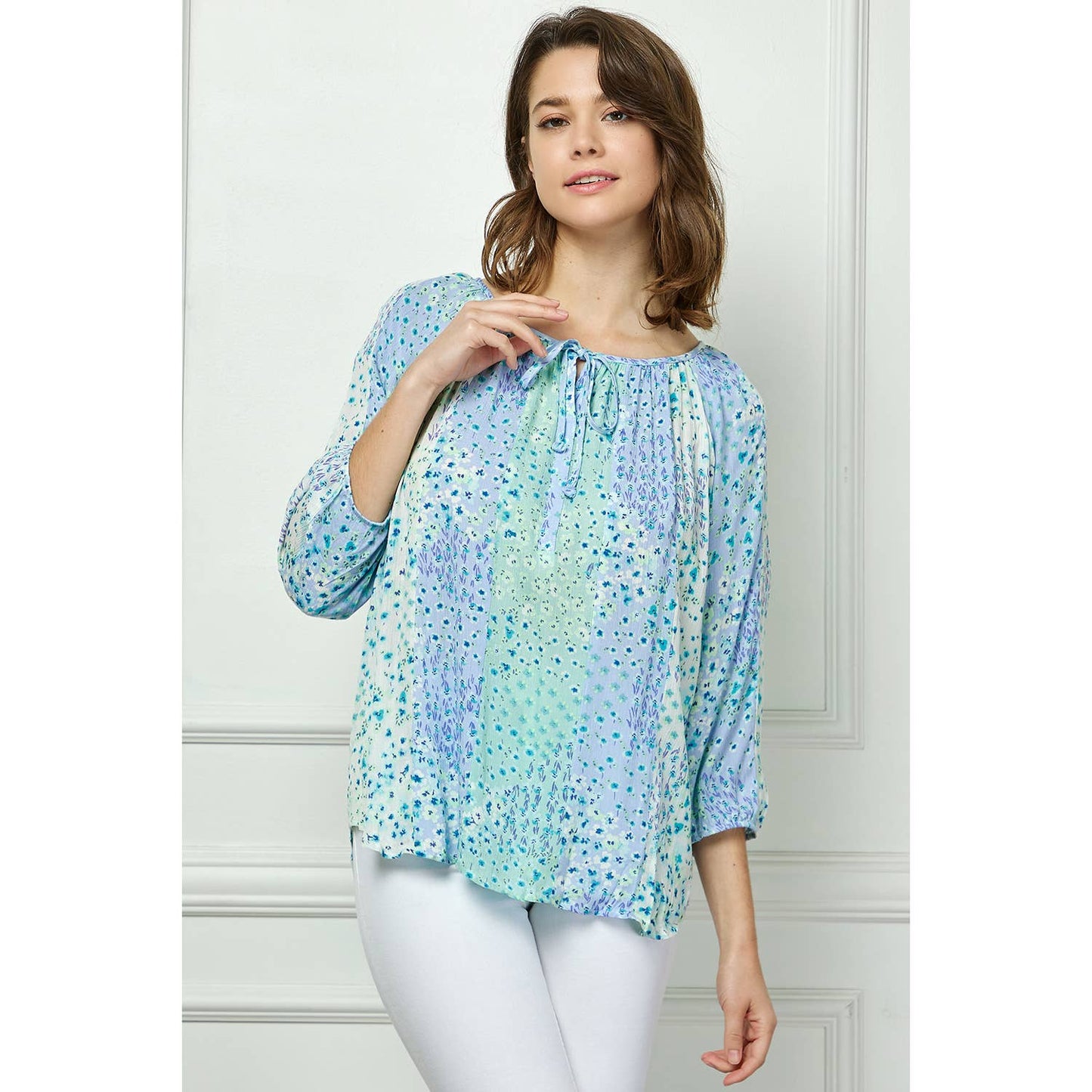 Blue Floral Round Neck Blouse