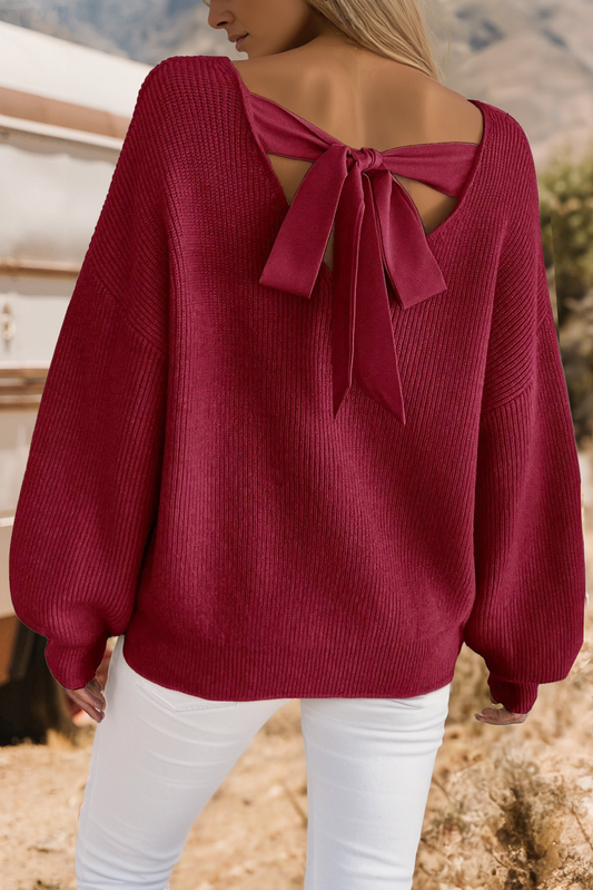 Ribbed Knit Contrast Ribbon Knot Drop Shoulder Sweater