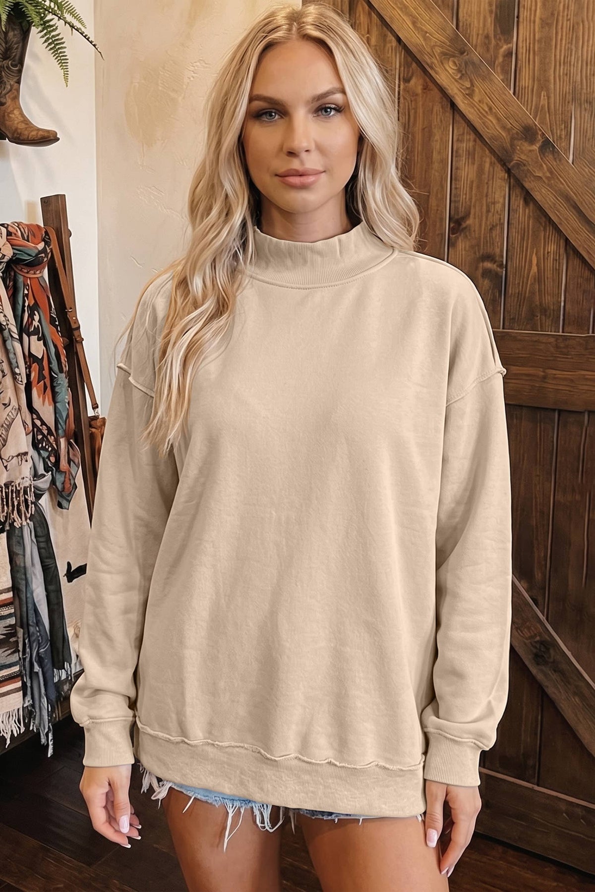 Oversize Drop Shoulder Reversible Mock Neck Sweatshirt (kelly green)