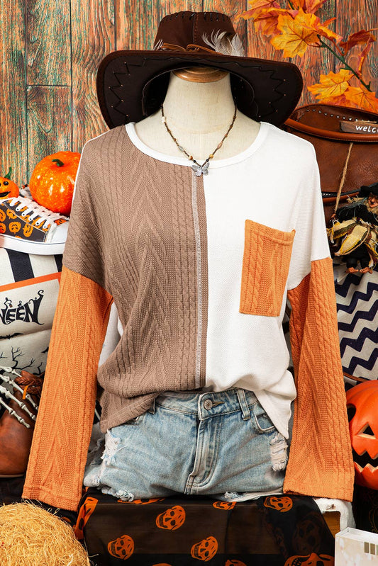 Fall Long Sleeve Colorblock Pocket Textured Knit Top