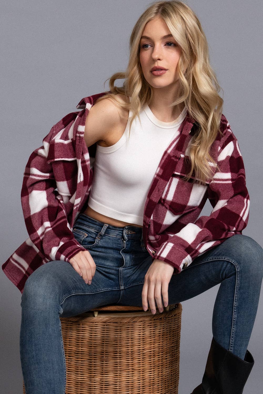Long Sleeve Check Printed Fleece Shacket (light grey)