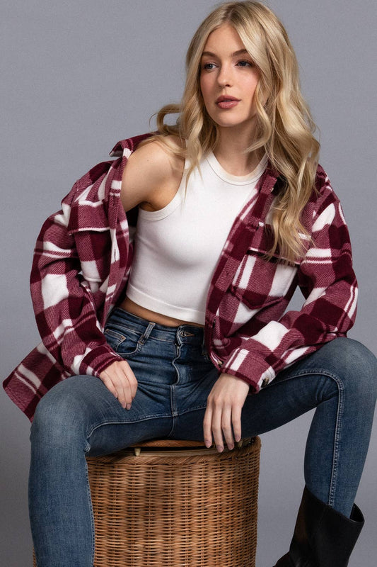 Long Sleeve Check Printed Fleece Shacket (burgundy)