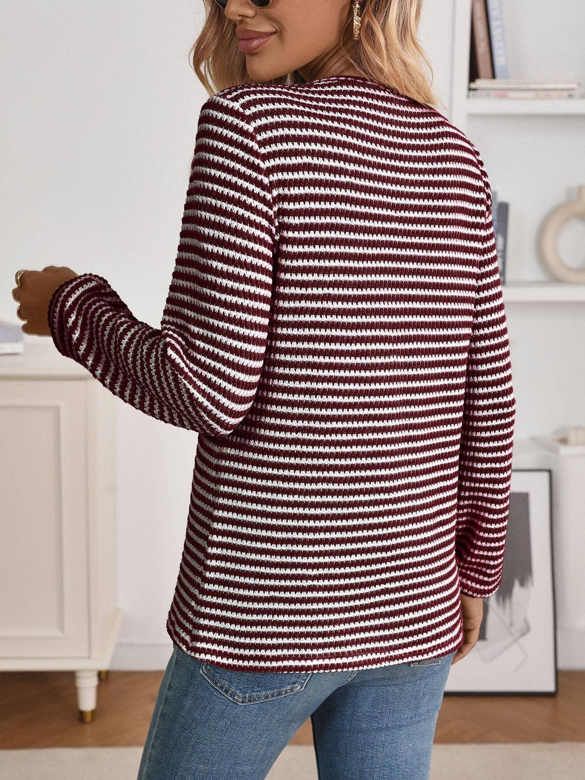 Striped Waffle Knit Henley Long Sleeve Top