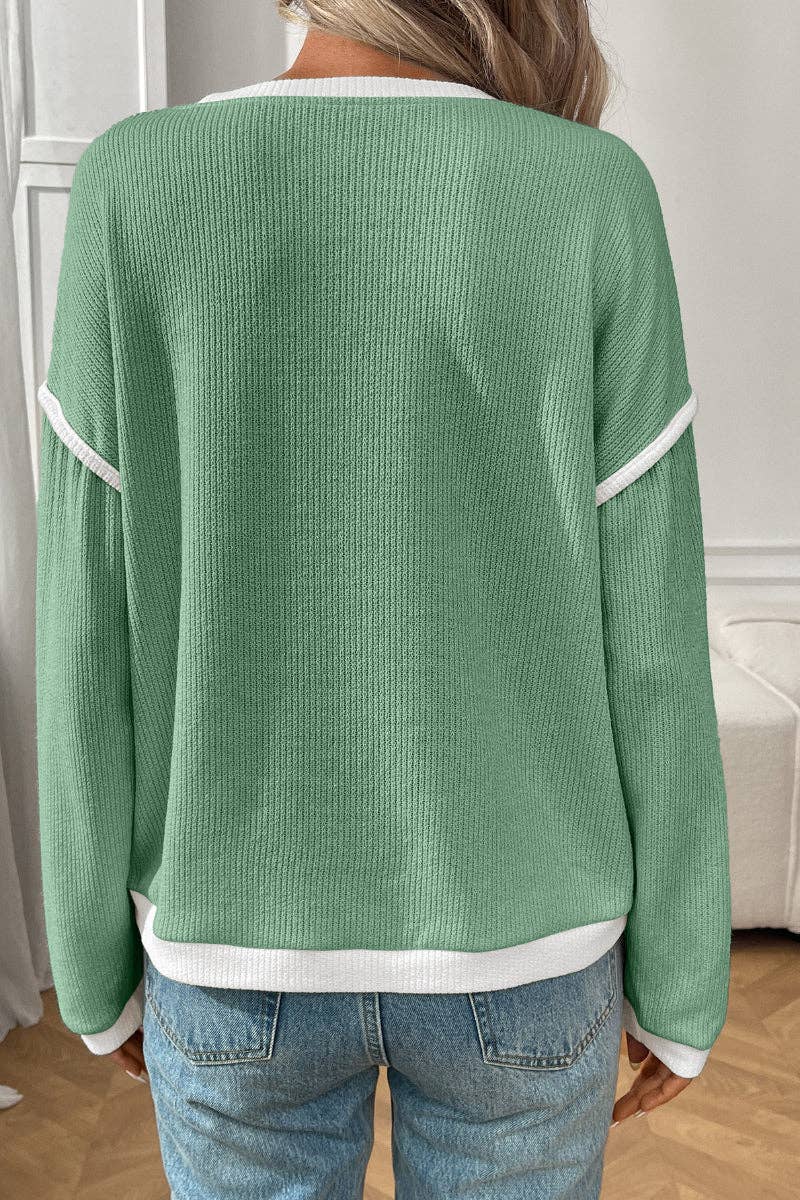 Colorblock Crewneck Knit Look Long Sleeve Pullover Top