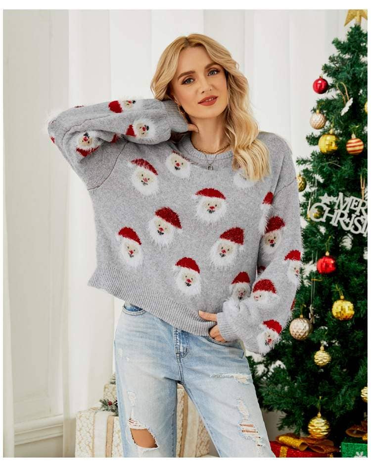 Santa's Head Pattern Crewneck Pullover Sweater