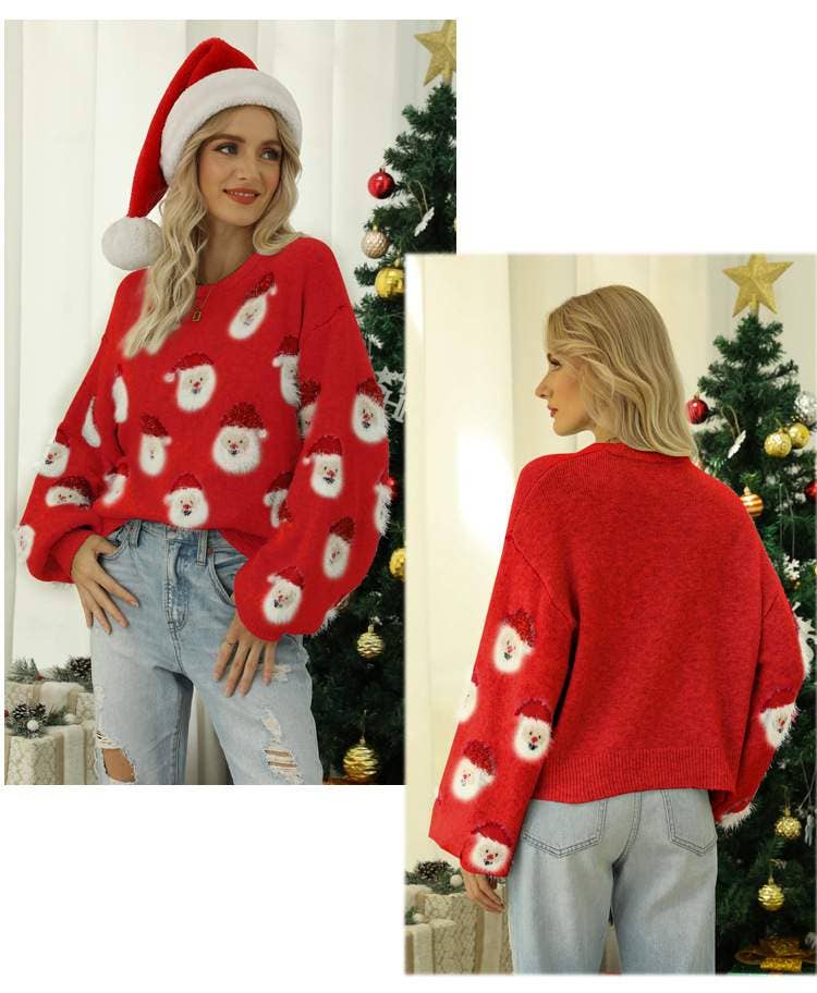 Santa's Head Pattern Crewneck Pullover Sweater