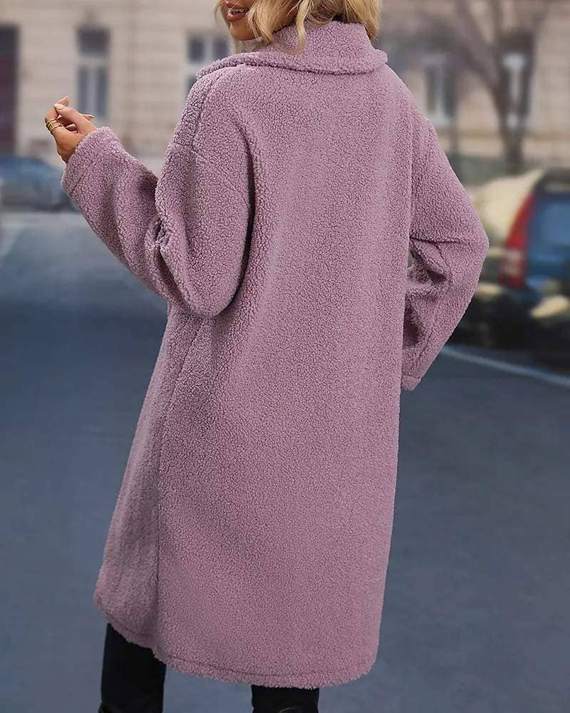 Double Breasted Long Sleeve Fuzzy Overcoat