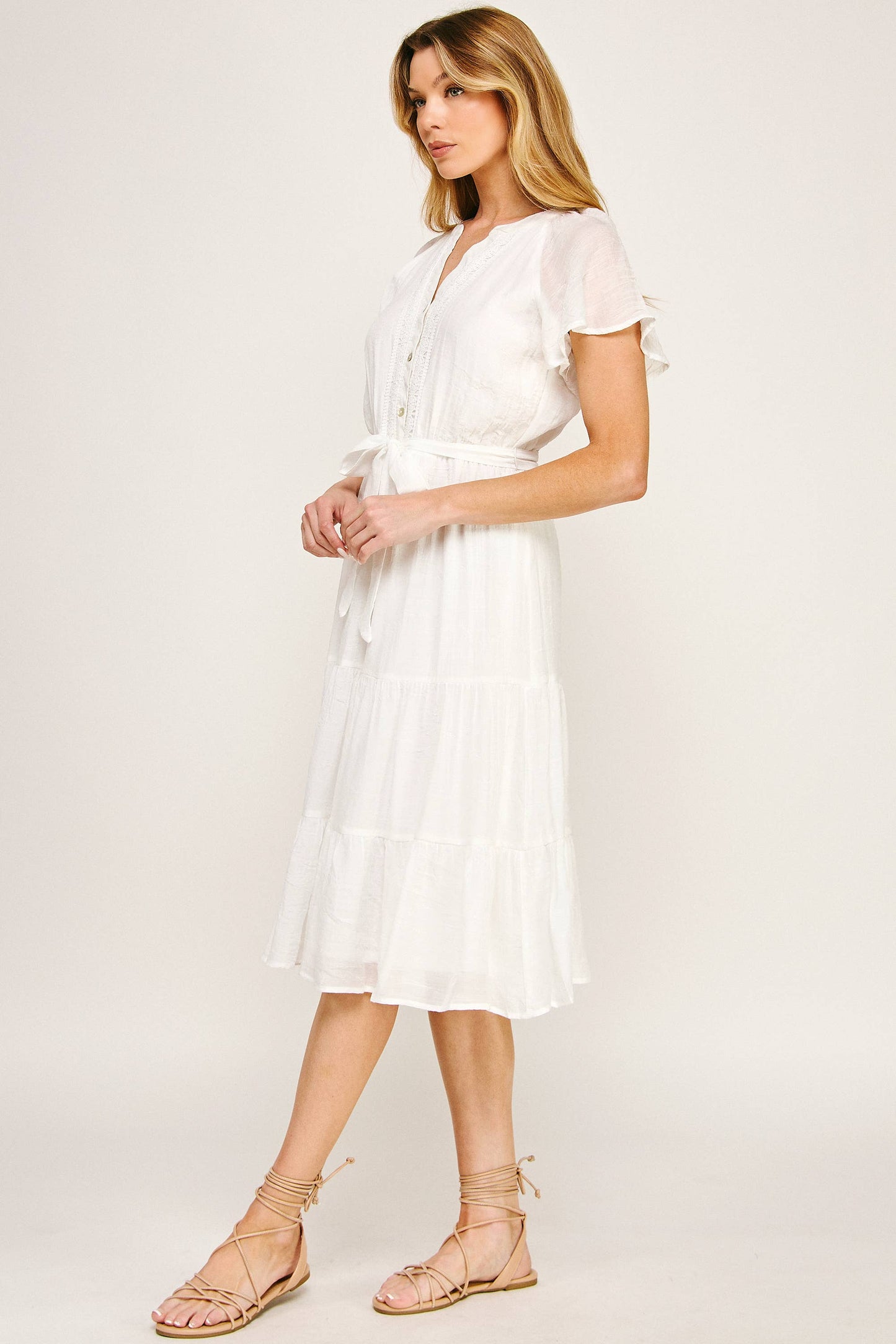 Papaya Glow Gauze Midi Dress with Trim Details