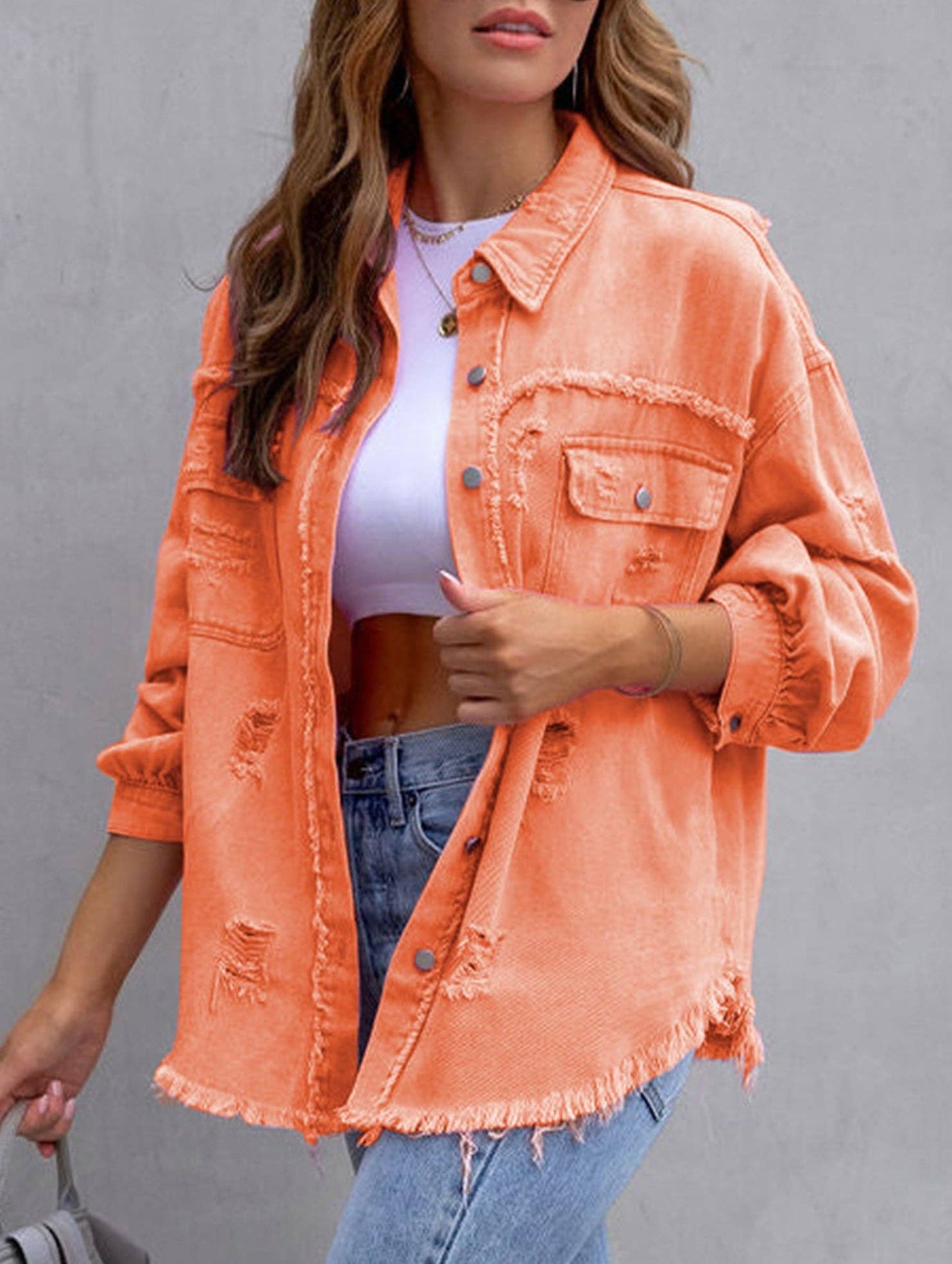 Denim Coat with Lapel and Ripped Raw Edge