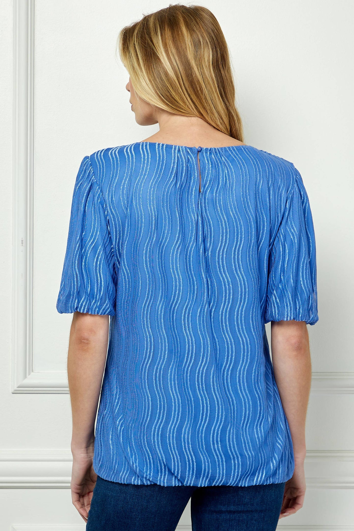 Wave Cord Mesh Bubble Sleeve Pleats Top
