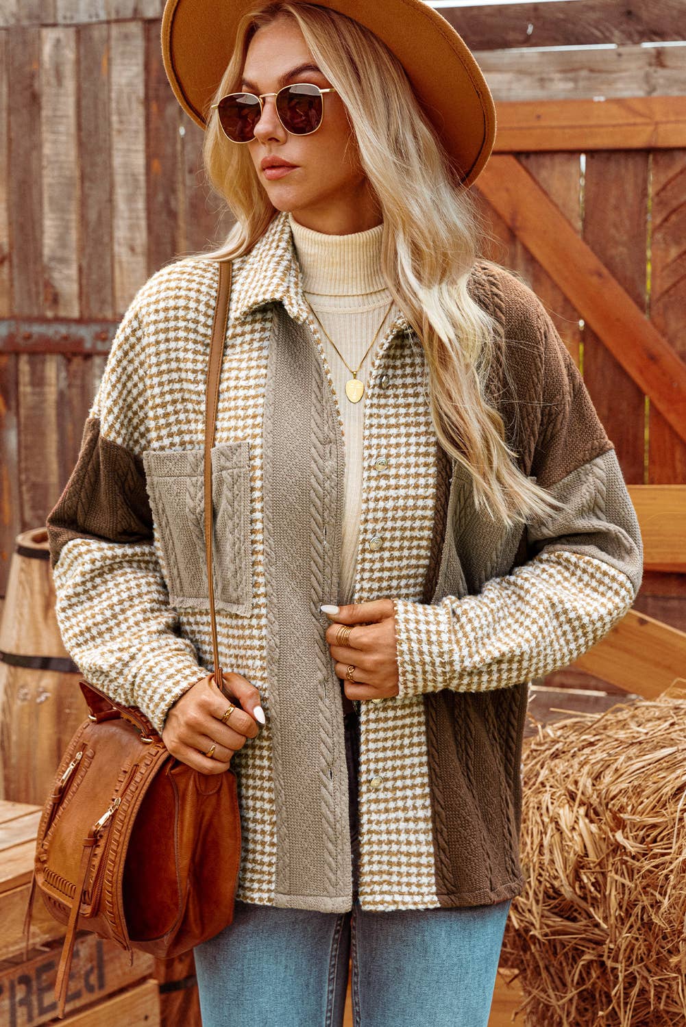 Houndstooth Contrast Texture Patchwork Loose Shacket