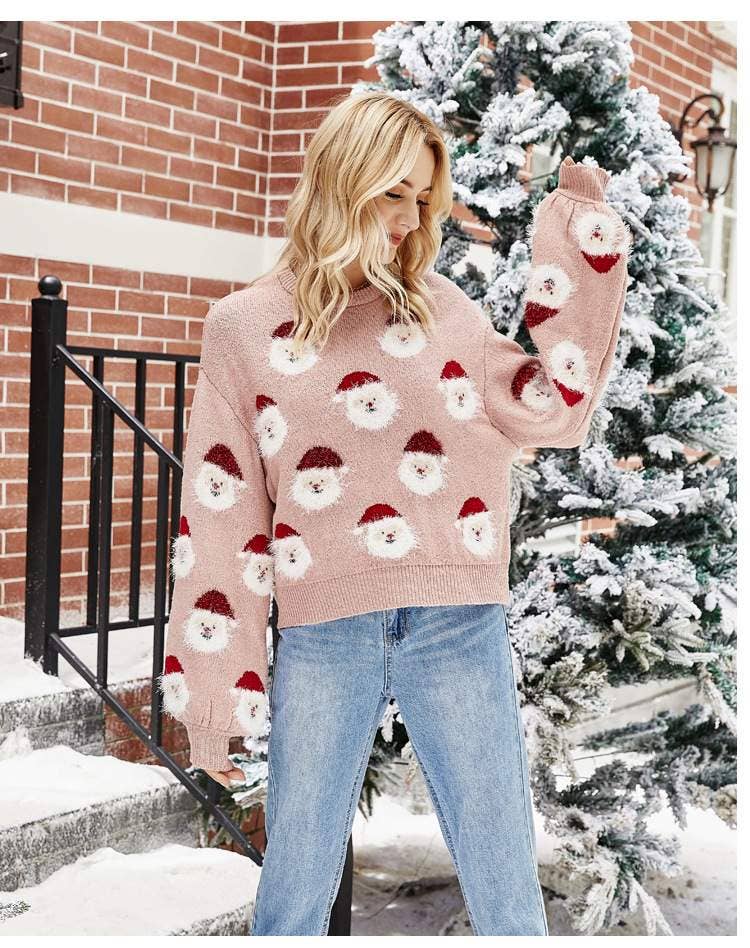 Santa's Head Pattern Crewneck Pullover Sweater