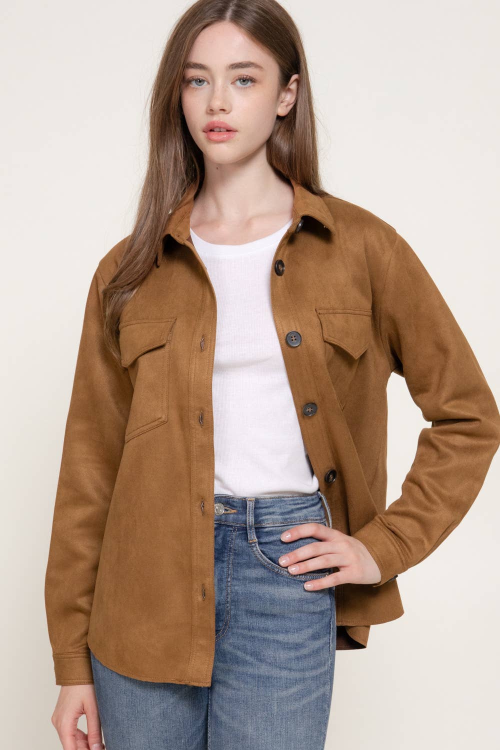 Long Sleeve Loose Fit Faux Suede Shacket (Plus Size)