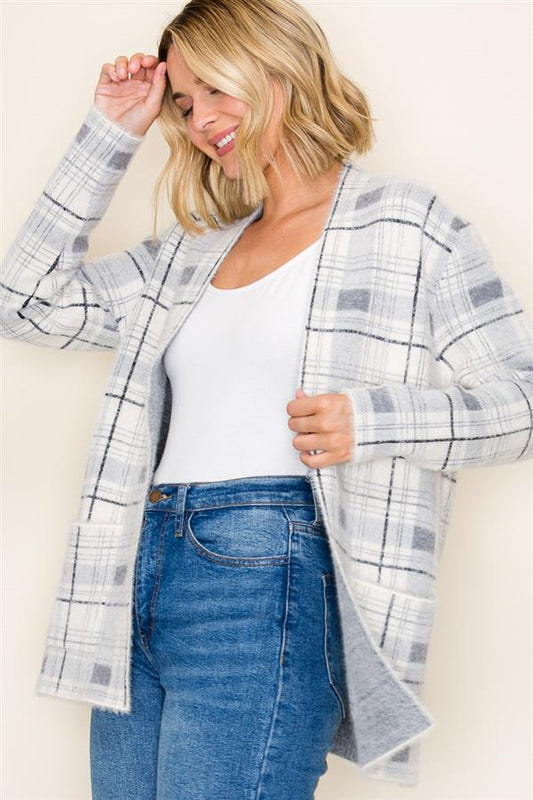 Long Sleeve Checkered Fuzzy Cardigan