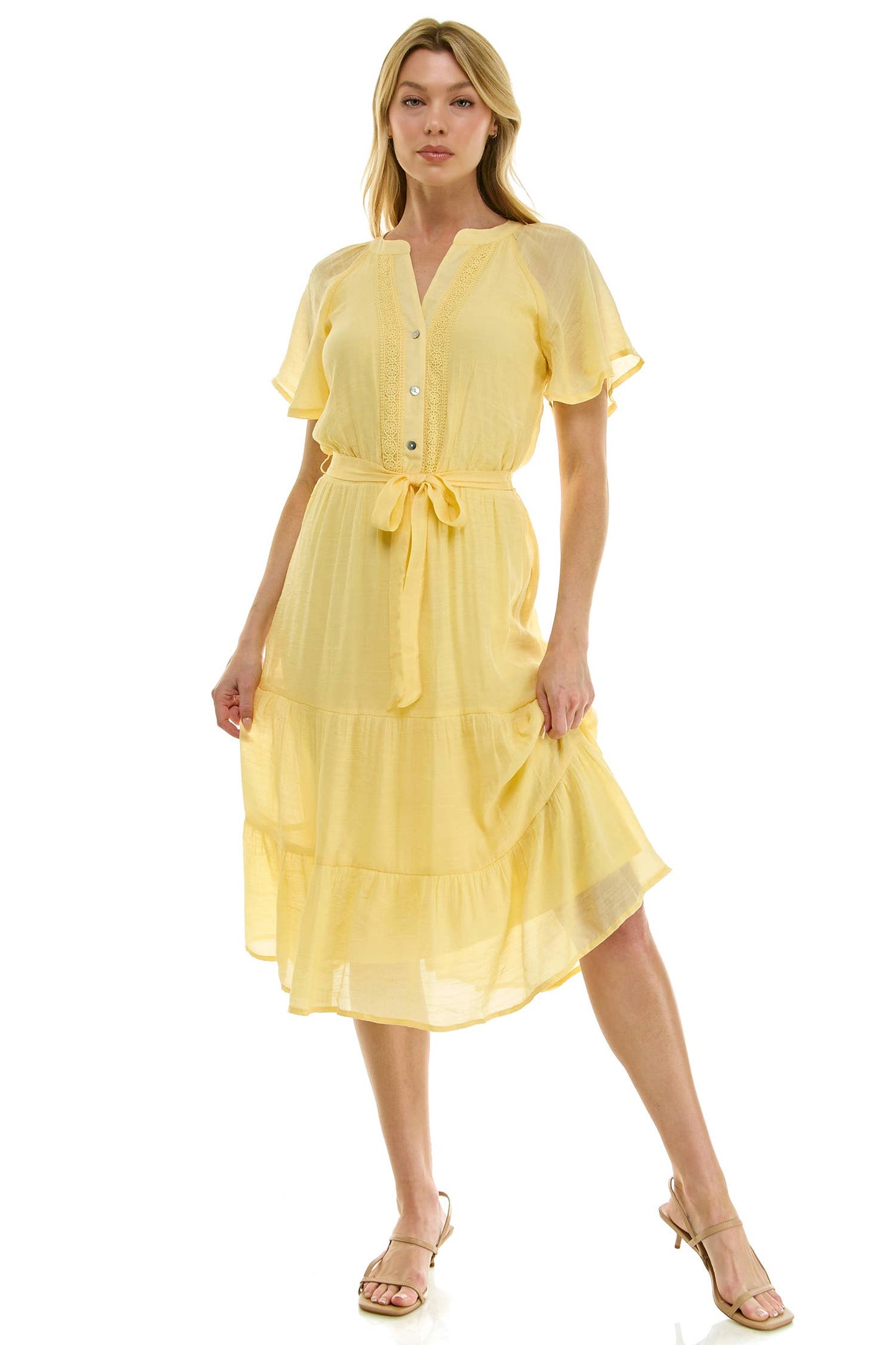 Papaya Glow Gauze Midi Dress with Trim Details