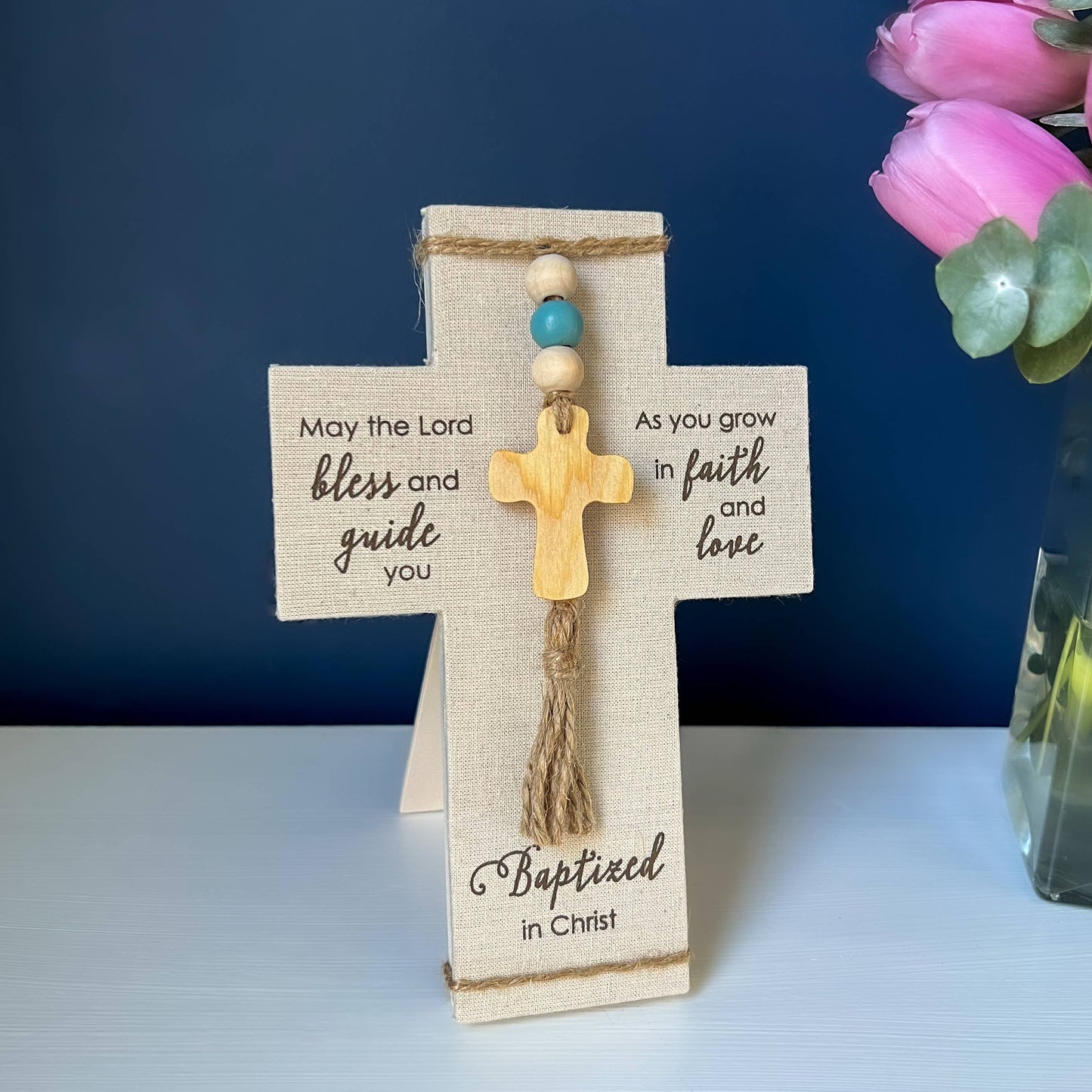 Baptized in Christ Fabric Cross: (Pink Beads)