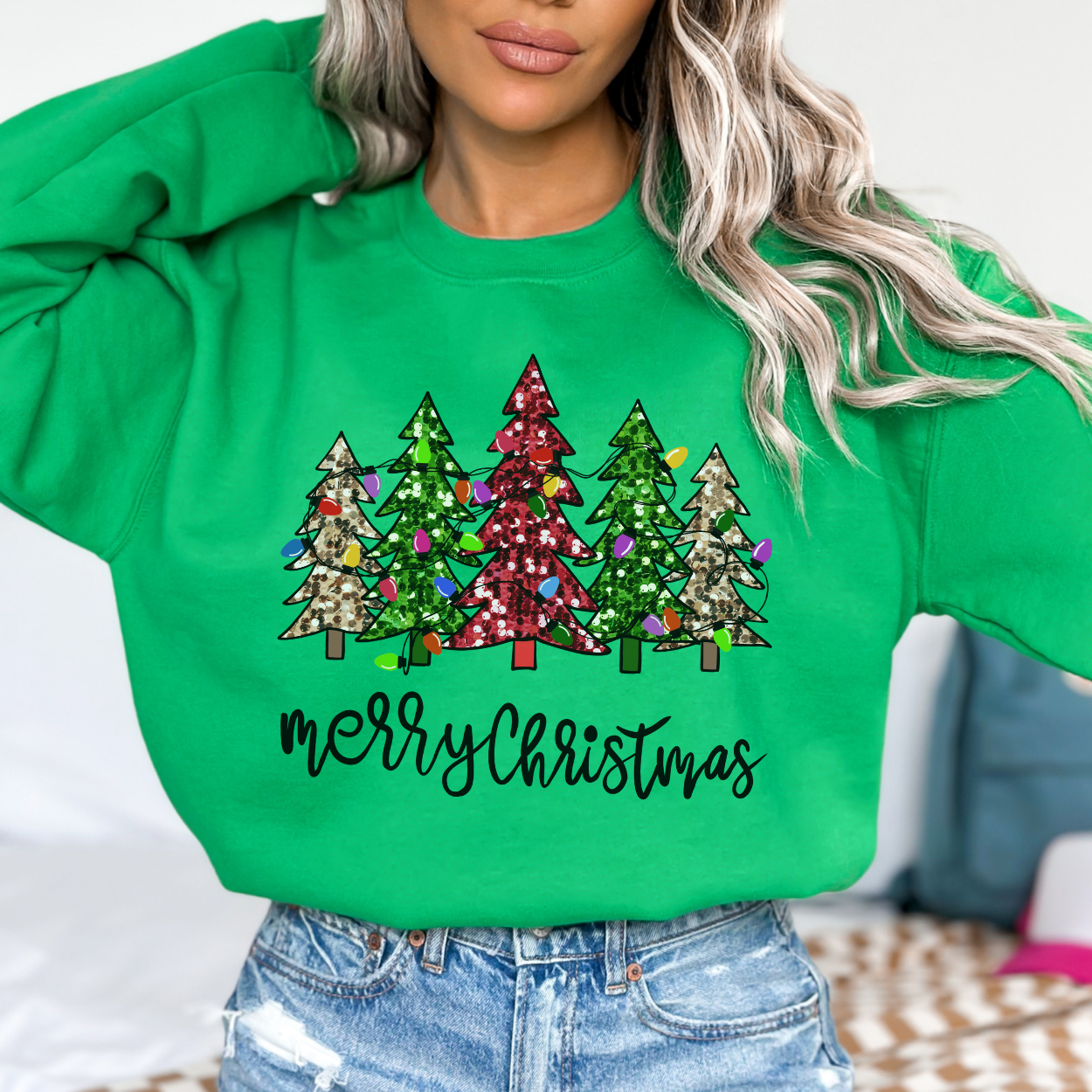 Merry Christmas Sweatshirt with Sparkling trees