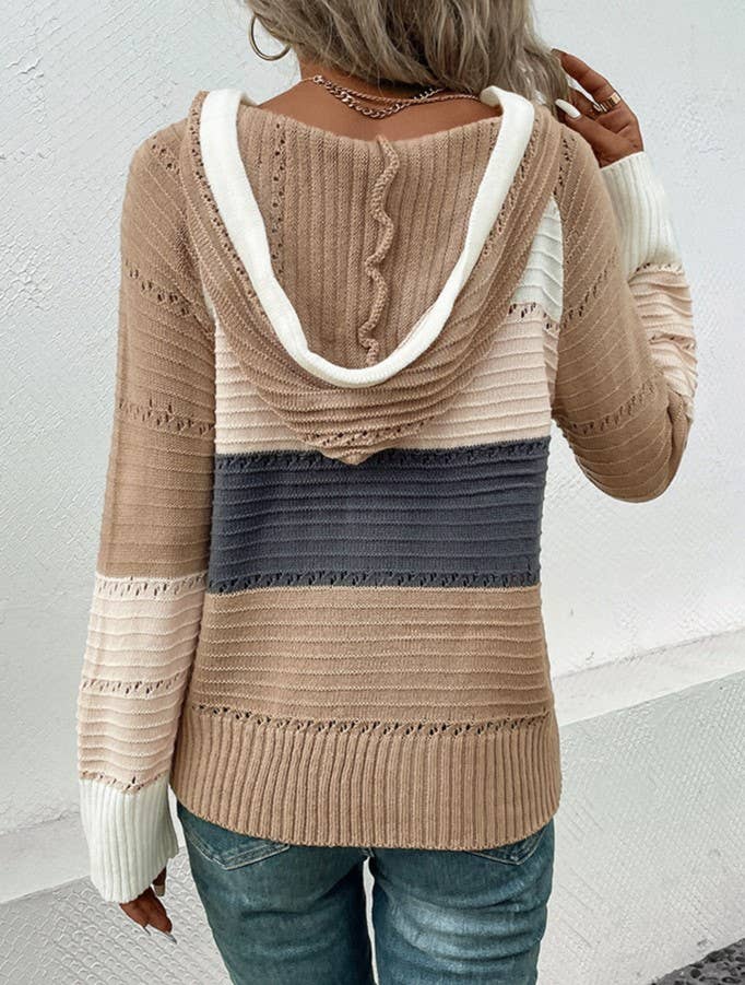 V-Neck Hooded Color-Block Knitted Long-Sleeved Sweater