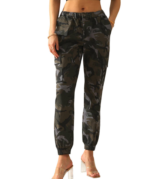 Elastic Waist Camo Cargo Pants Cotton Work Pants