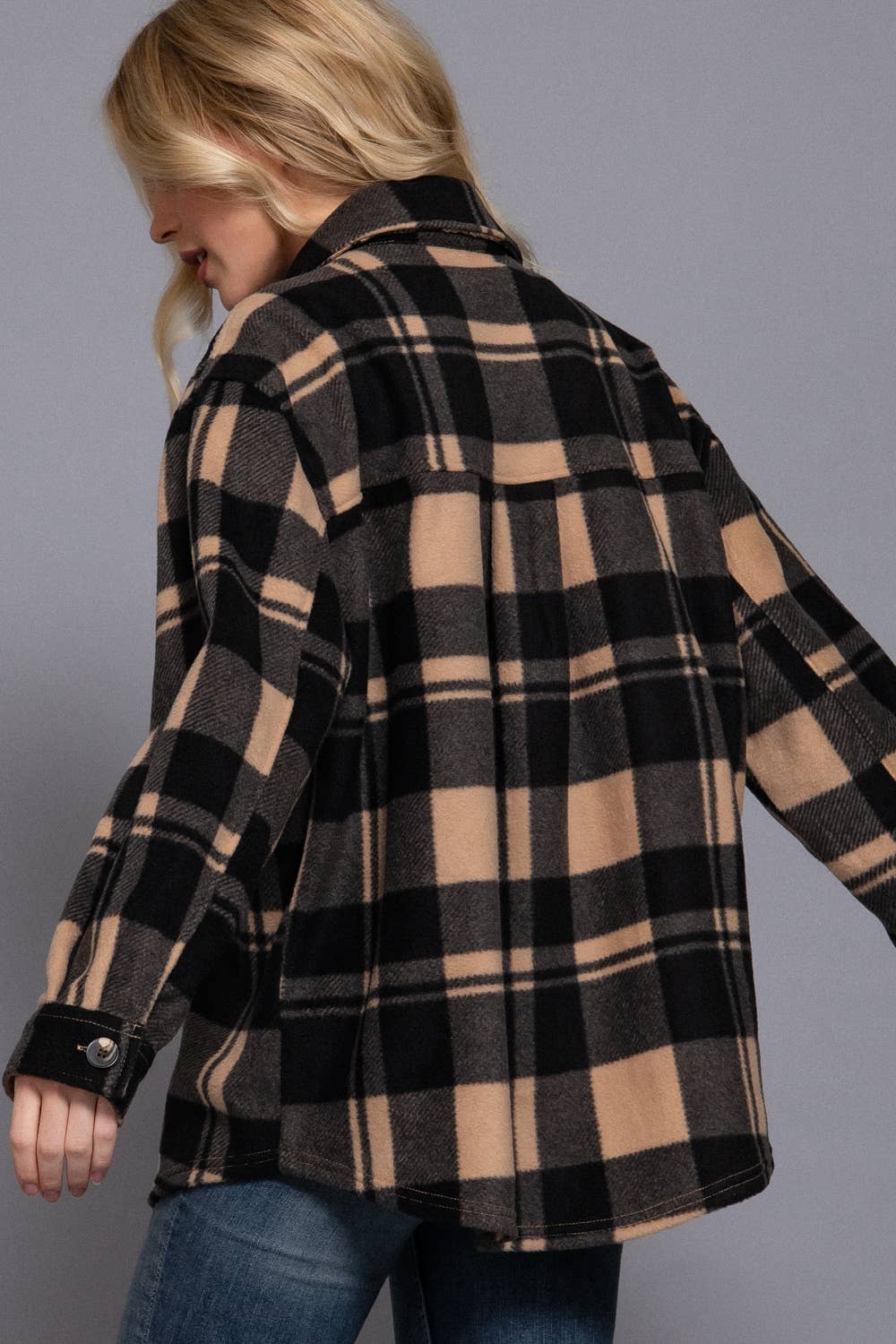 Long Sleeve Check Printed Fleece Shacket (light grey)