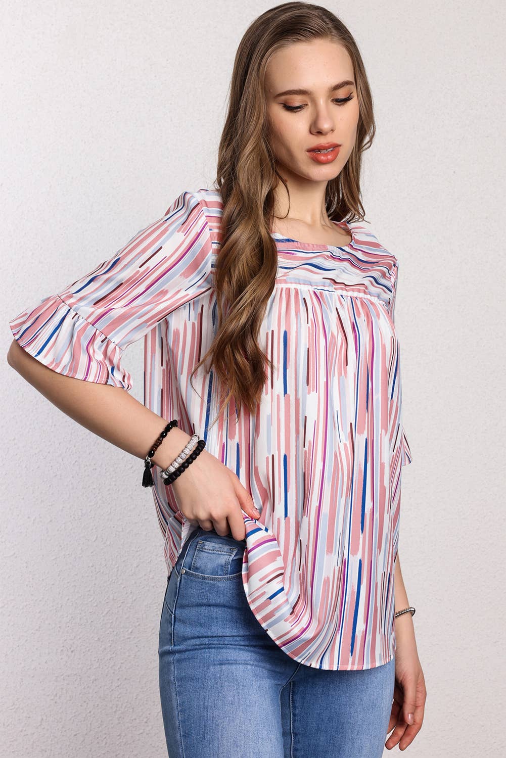 Women Multicolor Striped Ruffle Half Sleeve Blouse