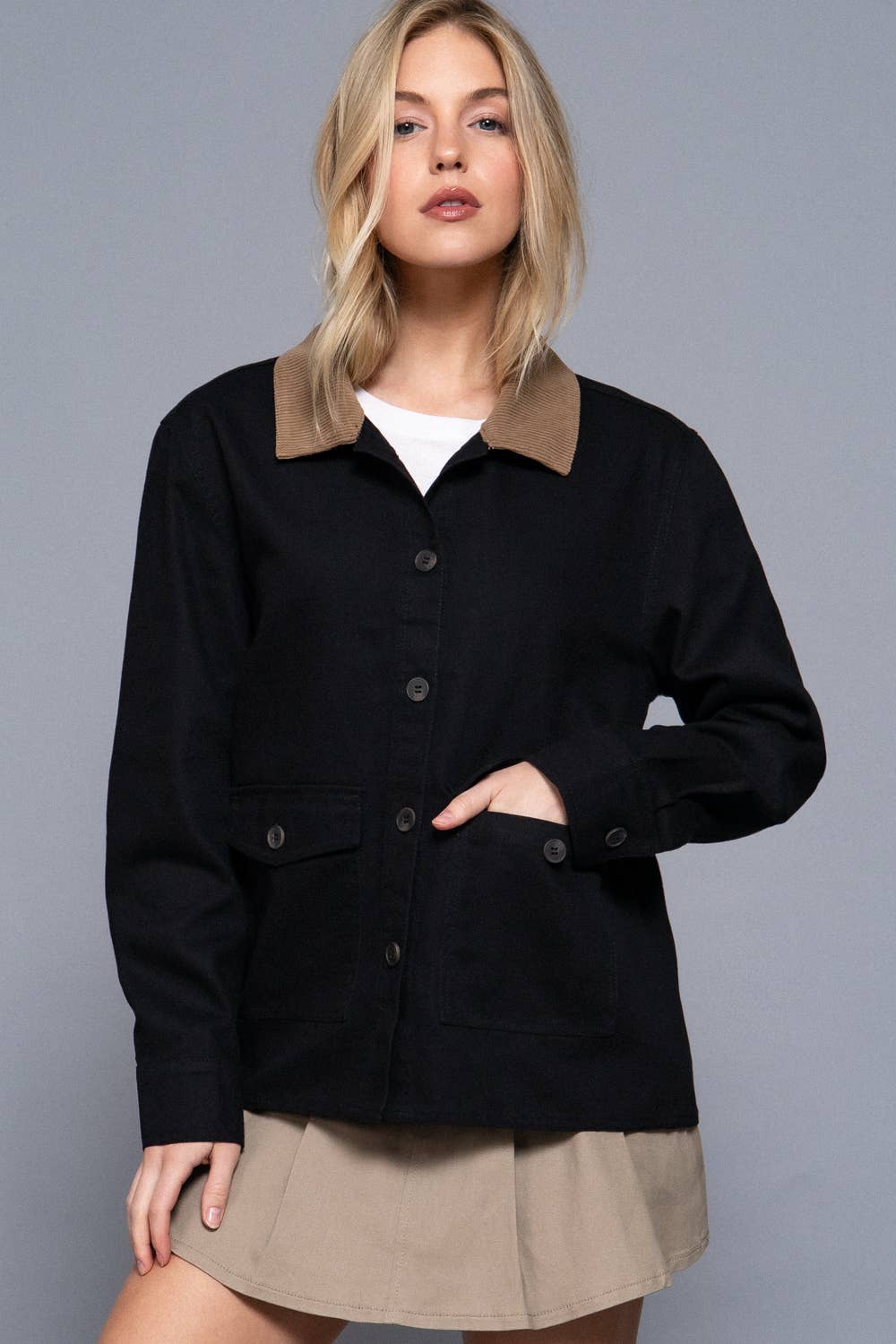 Long Sleeve Corduroy Collar Detail Cotton Twill Work Jacket