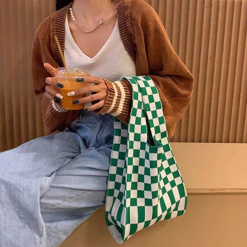 Trendy Color-Block Striped Checkered Knit Shopping Bag