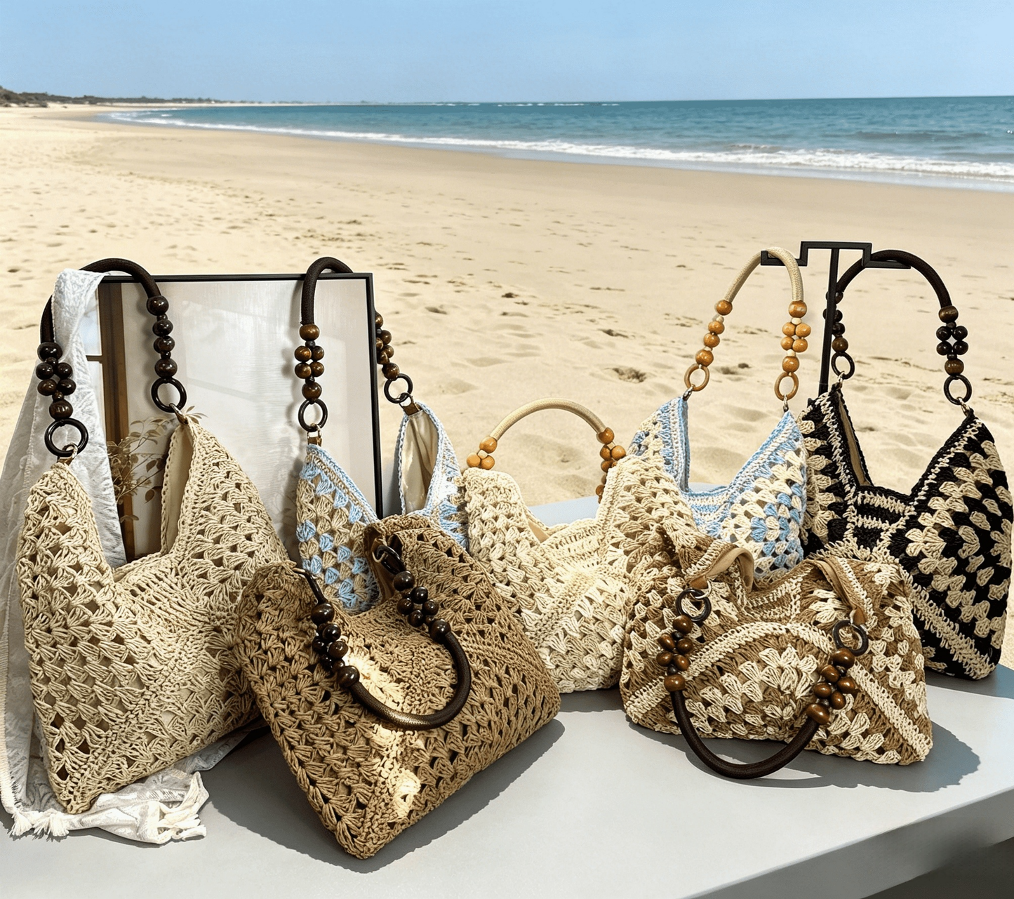 Boho Color Block Crochet Straw Tote Bag