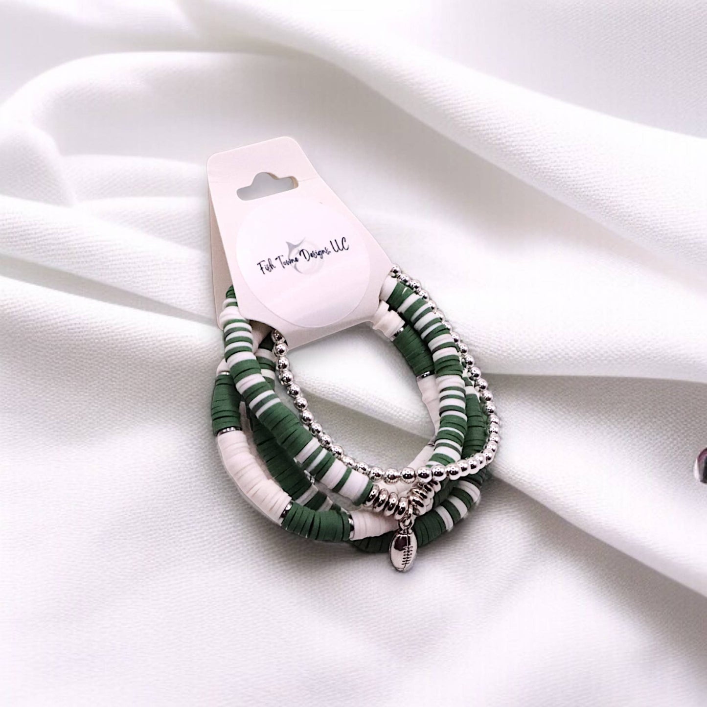 Green and White Game Day Bracelet Stack: Silver (7 inch)
