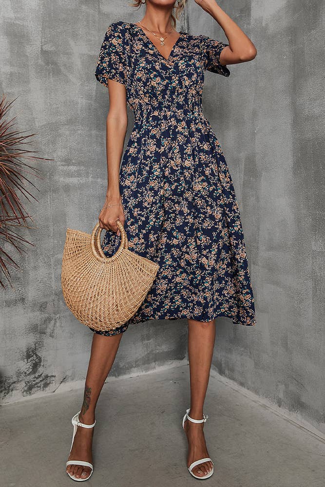 V Neck Smocked Waist Midi Floral Dress (Navy Floral)