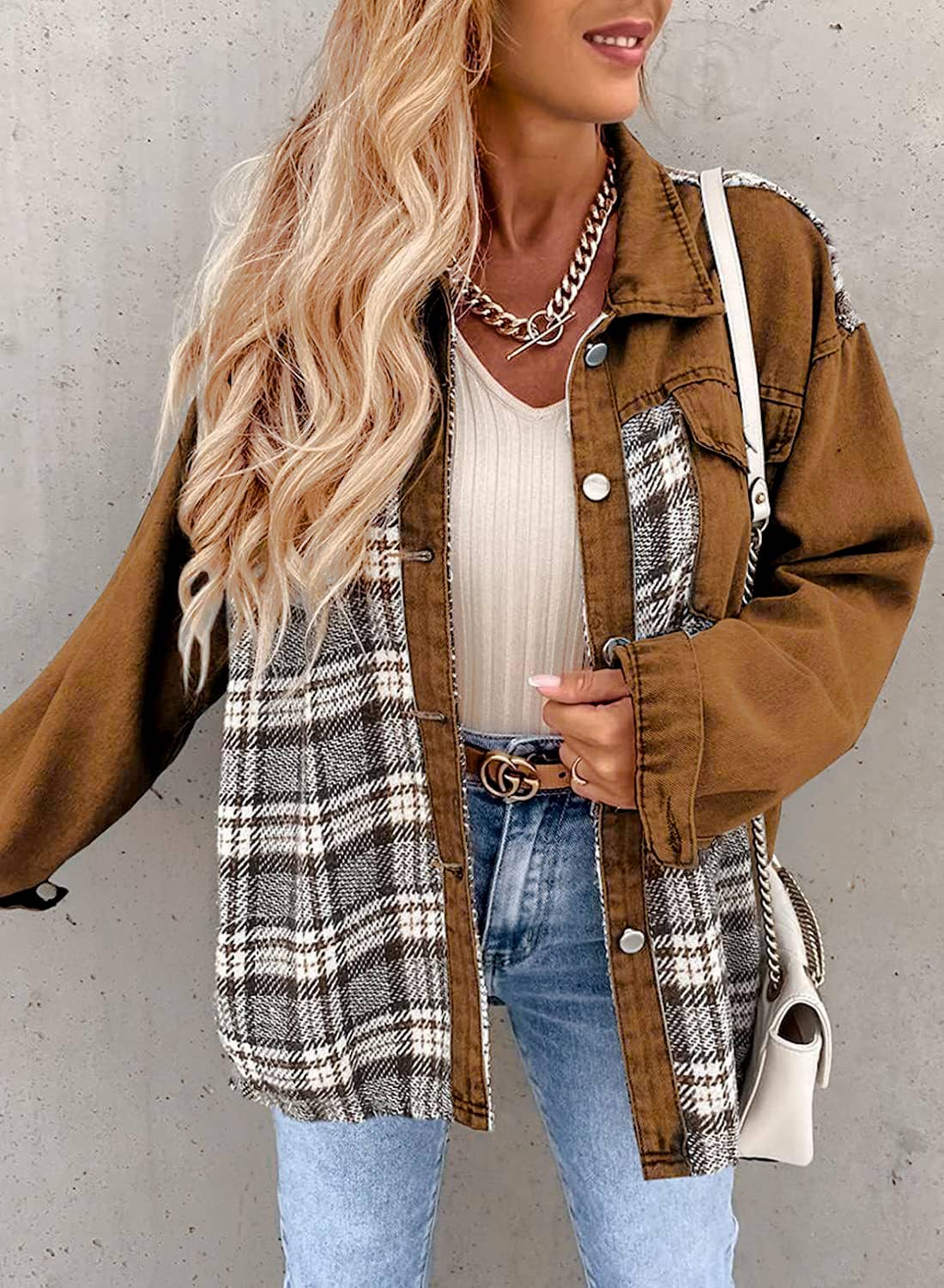 Long-Sleeved Plaid Button-Down Shirt Jacket