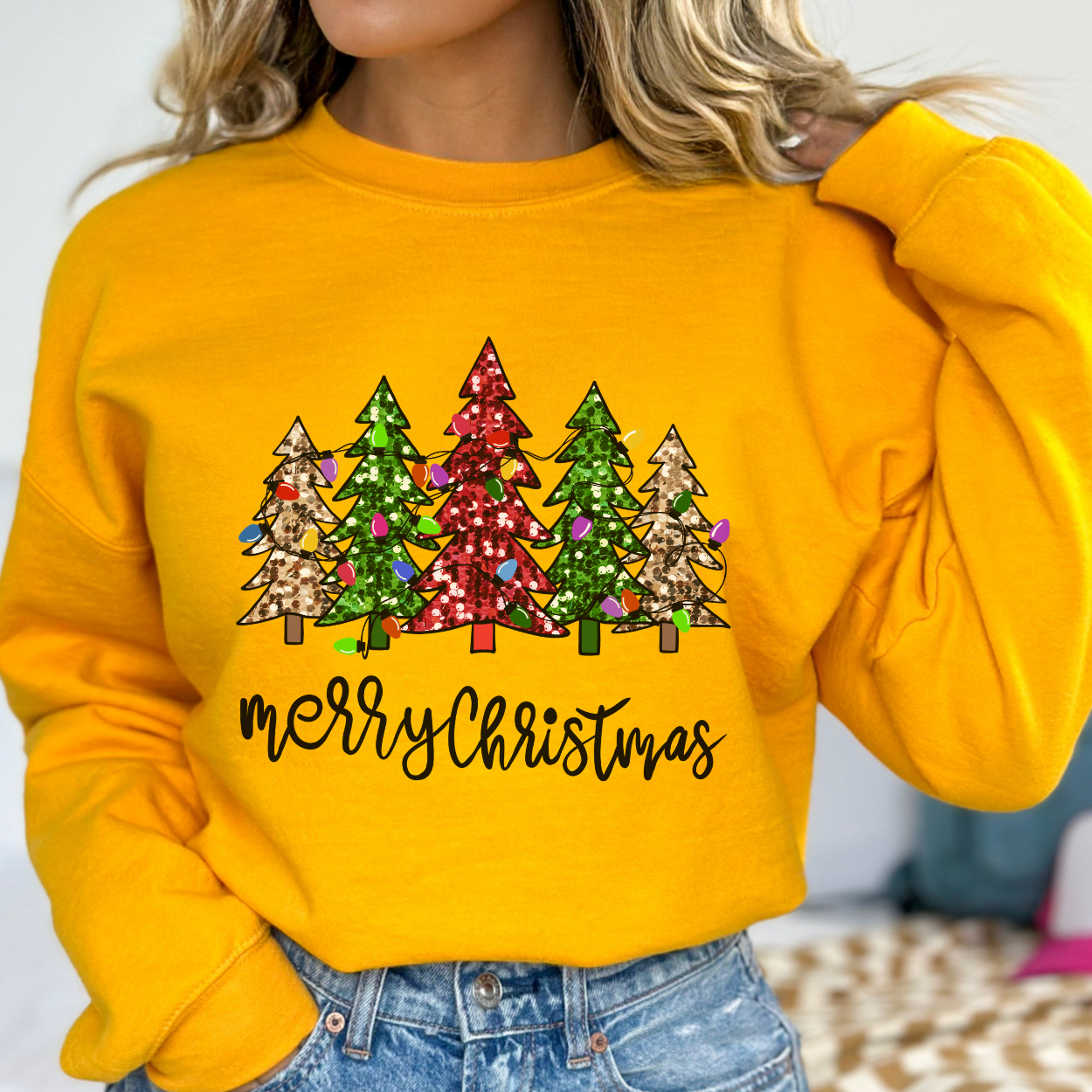 Merry Christmas Sweatshirt with Sparkling trees