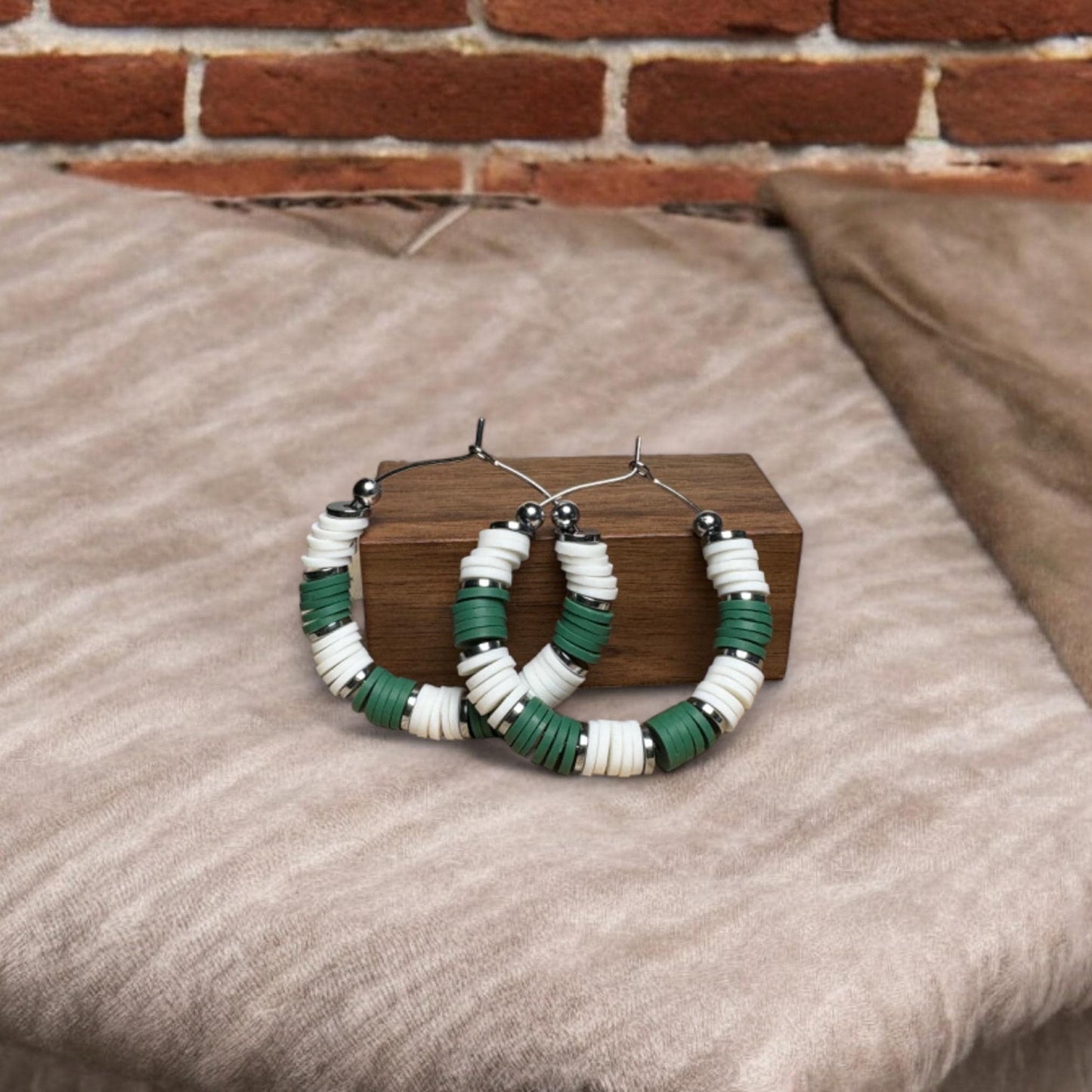 Green and White Game Day Hoop Earrings: 1 Inch / (2 by 2 or 5 by 5)