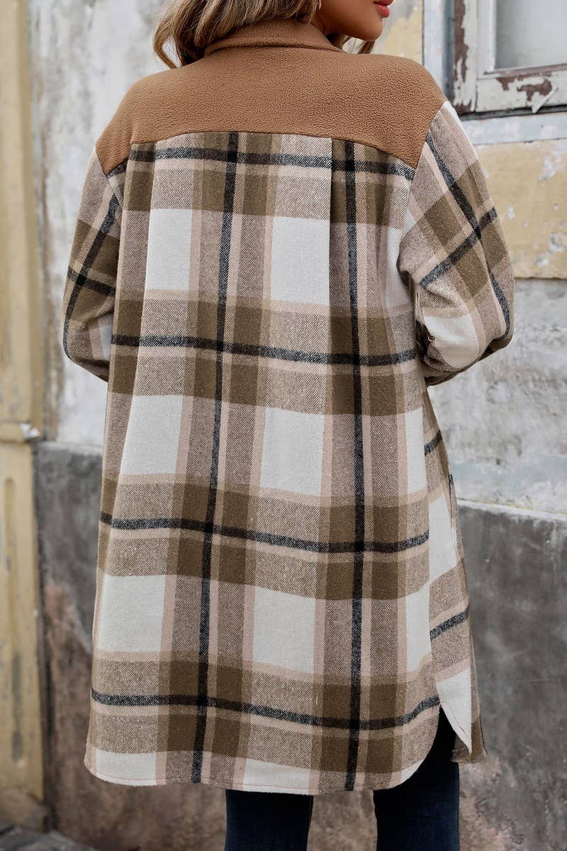 Casual Brushed Plaid Mid-Length Coat