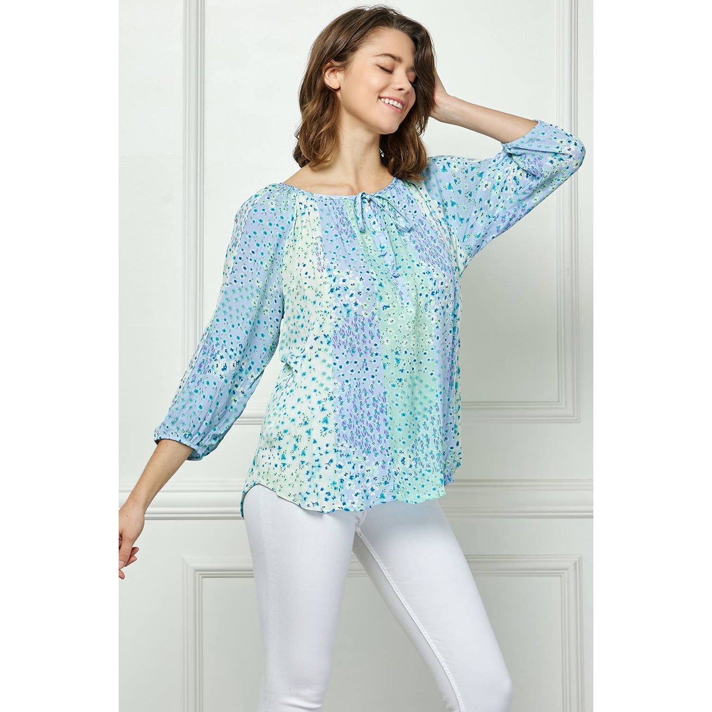 Blue Floral Round Neck Blouse