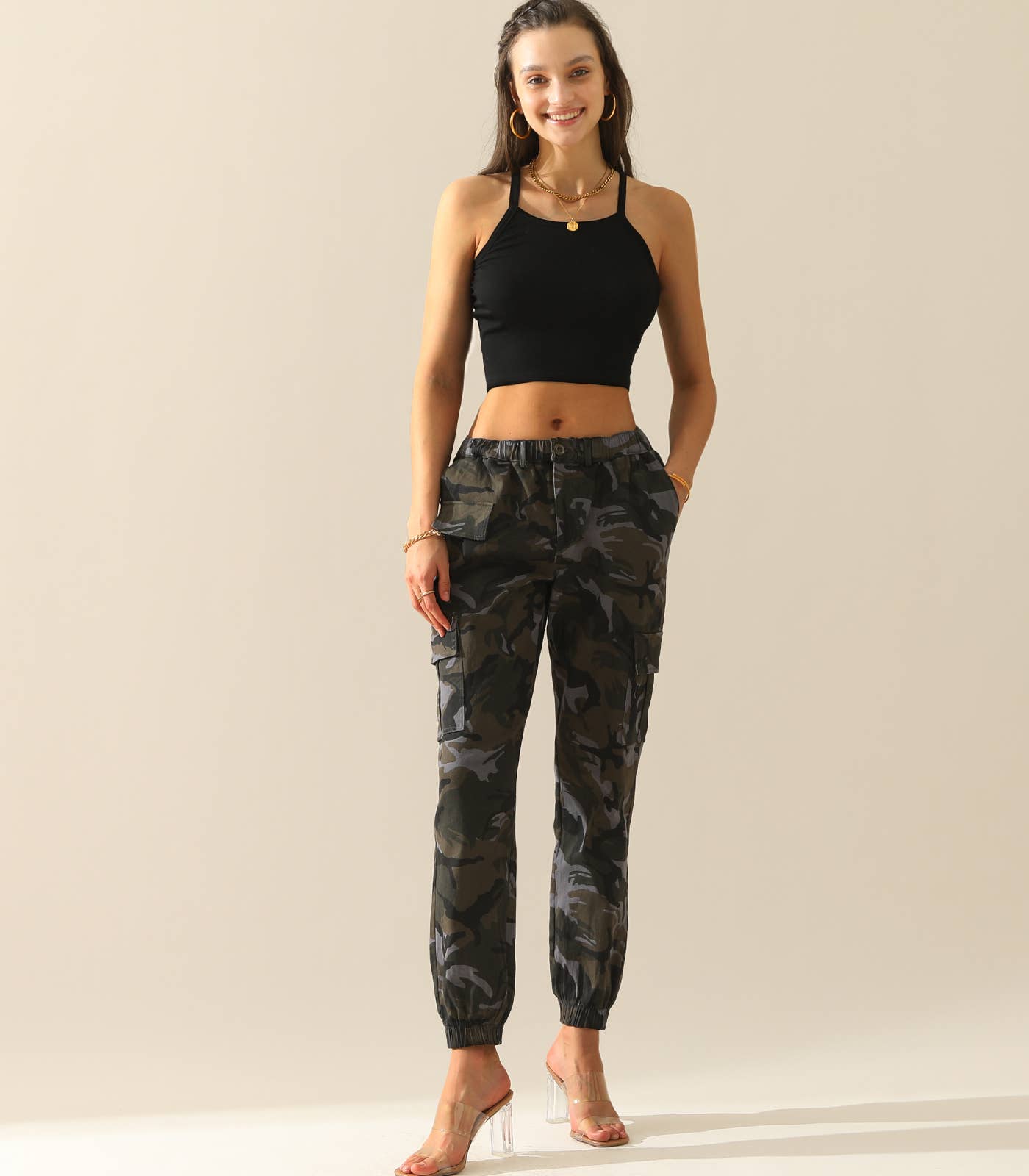 Elastic Waist Camo Cargo Pants Cotton Work Pants