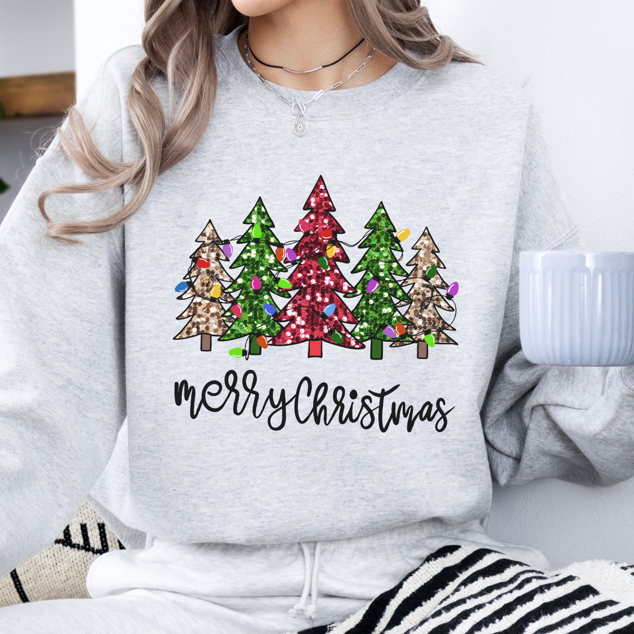 Merry Christmas Sweatshirt with Sparkling trees