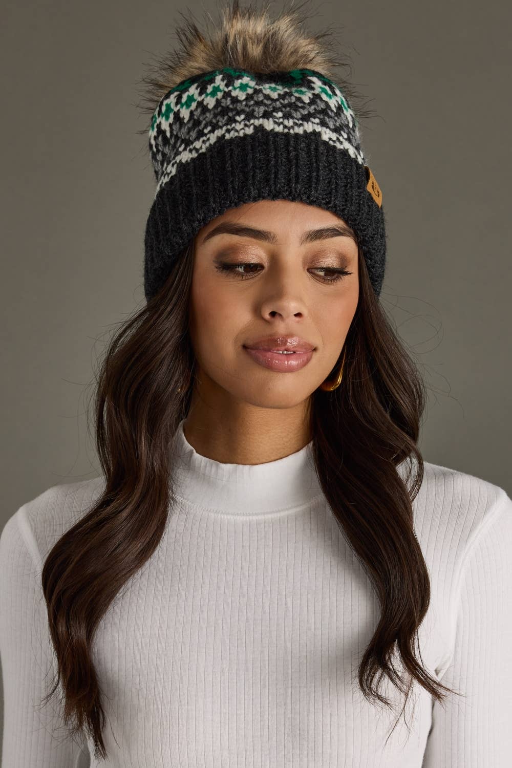 Dark Gray, White & Green Winter Pattern Pom Hat